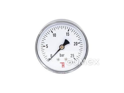 Manometer štandardný so zadným vývodom, priemer 63mm, vonkajší závit G 1/4", 0-25bar, trieda presnosti 1,6%, priezor akryl, púzdro oceľ, -40°C/+60°C